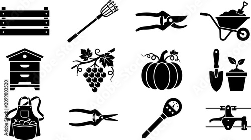 Foto Gardening and agriculture icon set featuring wheelbarrow beehive pruner shears w