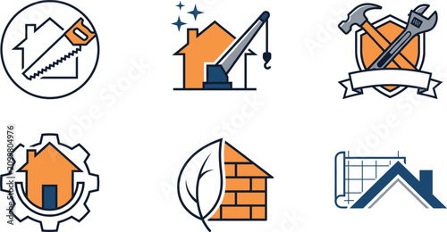 Home renovation house repair and construction logo set with line icons of hand saw building crane hammer wrench shield gear leaf blueprint elements