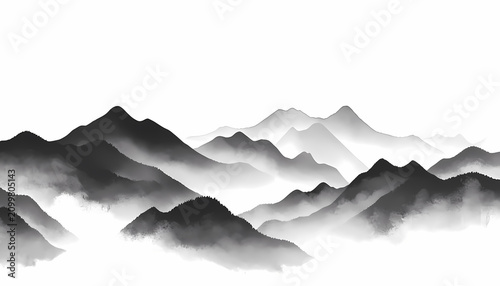 Misty Mountain Landscape in Ink Wash Style