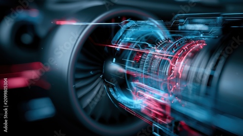 Futuristic jet engine concept with glowing neon blue and red holographic displays, showcasing intricate mechanical parts and a sense of advanced technology