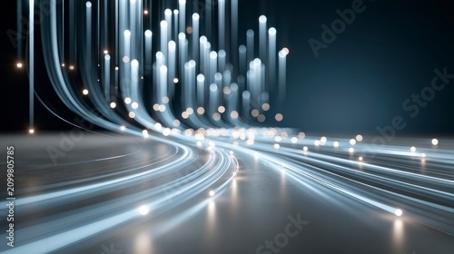Abstract digital art of flowing light trails and glowing orbs creating a futuristic, dynamic motion effect on a dark background.