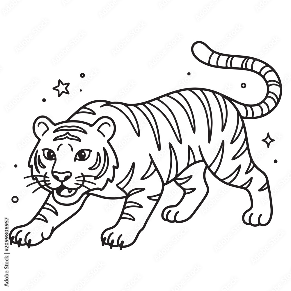 Obraz premium Cartoon tiger walking on ground.