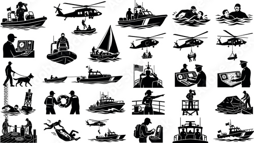 Photos Set of coast guard and search and rescue icons featuring boats, helicopters, div