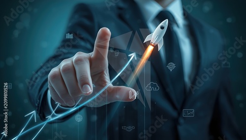 Cloud computing technology interface with businessman, digital network infrastructure and data storage icons, futuristic global connectivity concept