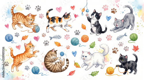 Cute watercolor cats collection with yarn balls and paw prints on a white background design