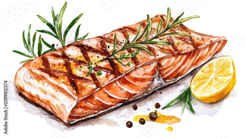 Watercolor Raw and Grilled Salmon Steak for Japanese Restaurant Menu Design