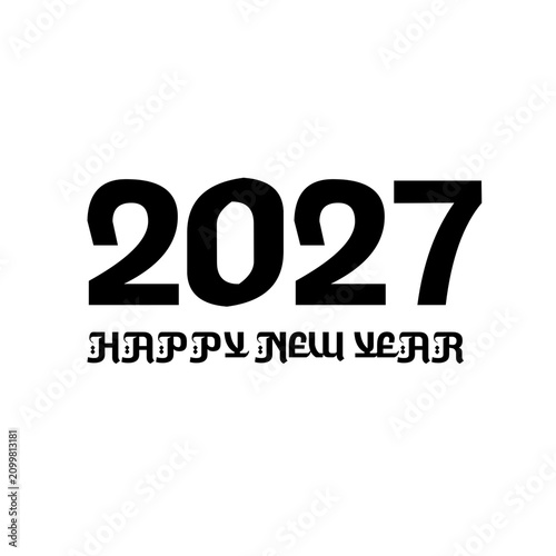 Happy New Year 2027 typography text design. Black and white bold stylized numbers with thick white outline cutout effect isolated on black background. Vector illustration for holiday greeting card