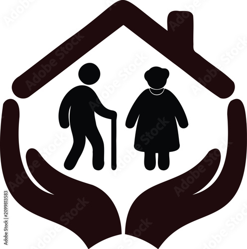 Elderly couple under protection and care at home with hands shielding them  senior citizens