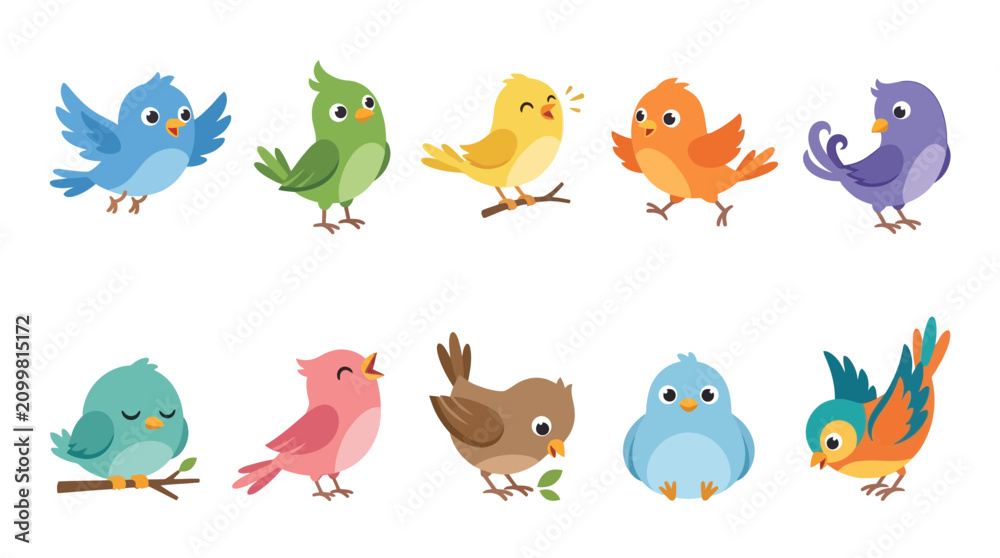 Fototapeta premium Cute Cartoon Birds Collection: Vibrant Colors, Playful Poses, White Background