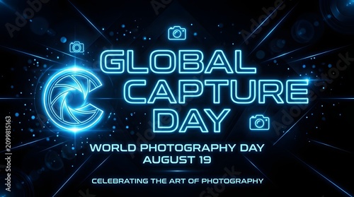 World Photography Day celebration poster with global capture theme. International photo event banner for August 19 with digital art background.