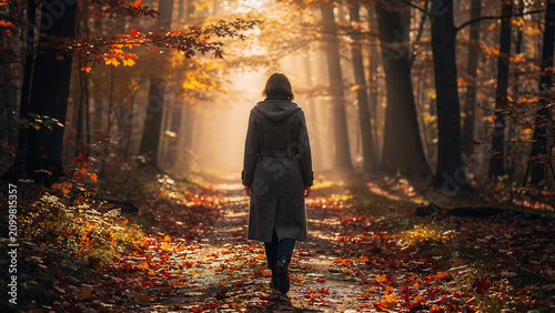 Person walking on sunlit forest path covered in autumn leaves, cinematic view, suitable for travel blogs, lifestyle magazines and nature documentaries