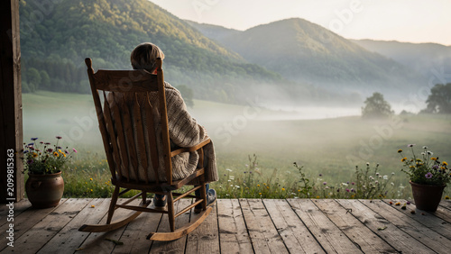 Person in rocking chair on wooden porch overlooking foggy mountain valley at sunrise, perfect for travel blogs, lifestyle imagery and wellness advertising