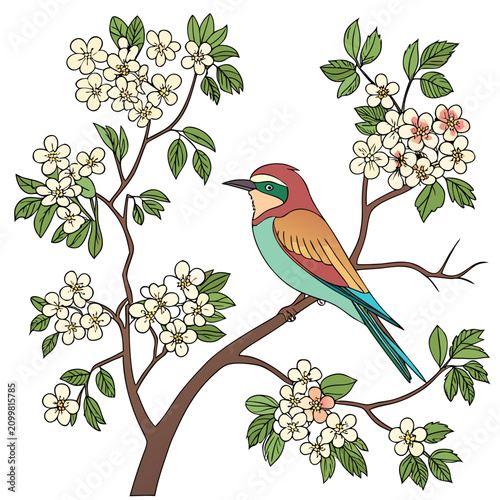 A colorful bee-eater bird perched on a branch with white apple blossoms and green leaves isolated on a white background