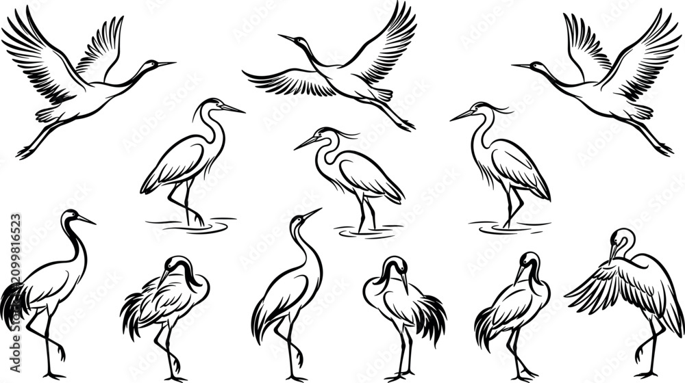 Obraz premium Crane and heron bird vector silhouette set with flying and standing elegant Japanese style wildlife illustrations