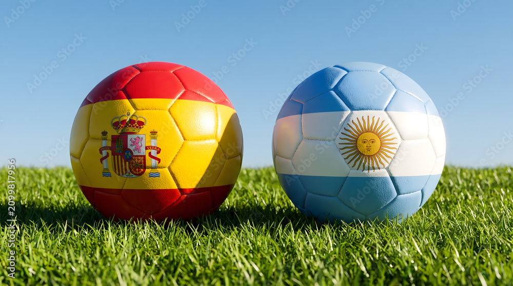 Obraz premium Spain vs Argentina soccer match concept with two footballs painted with national flags on green grass under blue sky