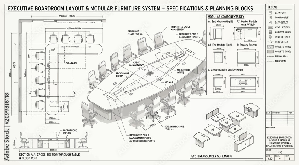 Obraz premium Executive boardroom layout and modular furniture system technical specifications