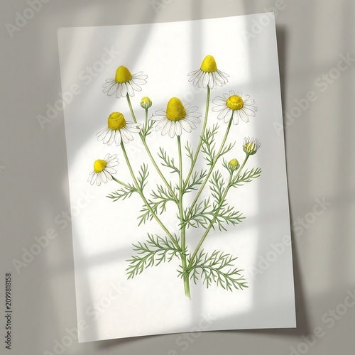 Beautiful hand drawn illustration of a fresh chamomile flower plant with yellow centers and green leaves on a textured paper surface