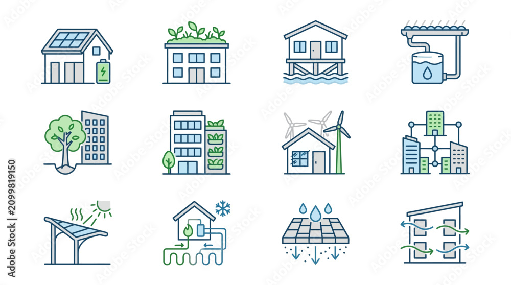 Fototapeta premium Dynamic Illustrations of Sustainable and Eco Friendly Urban Living Solutions in Blue and Green with high quality professional line art symbols for modern creative design and digital branding projects