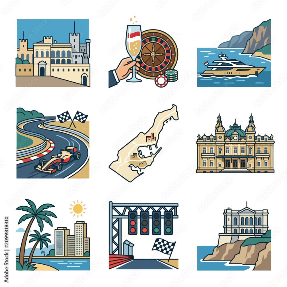 Fototapeta premium Set of nine flat vector icons representing Monaco culture, featuring Monte Carlo Casino, Formula 1 racing, luxury yachts, Mediterranean coastline, and historic landmarks.