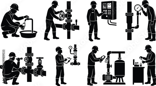 Set of industrial technician silhouettes performing various inspection and maintenance tasks