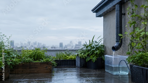 Eco-Friendly Rooftop Garden: Rainwater Harvesting System with Lush Greenery