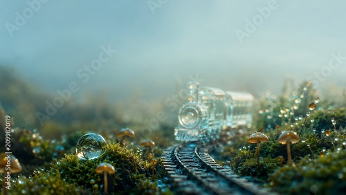 Dew-Kissed Crystal Train: Miniature Railway in Enchanted Moss Garden