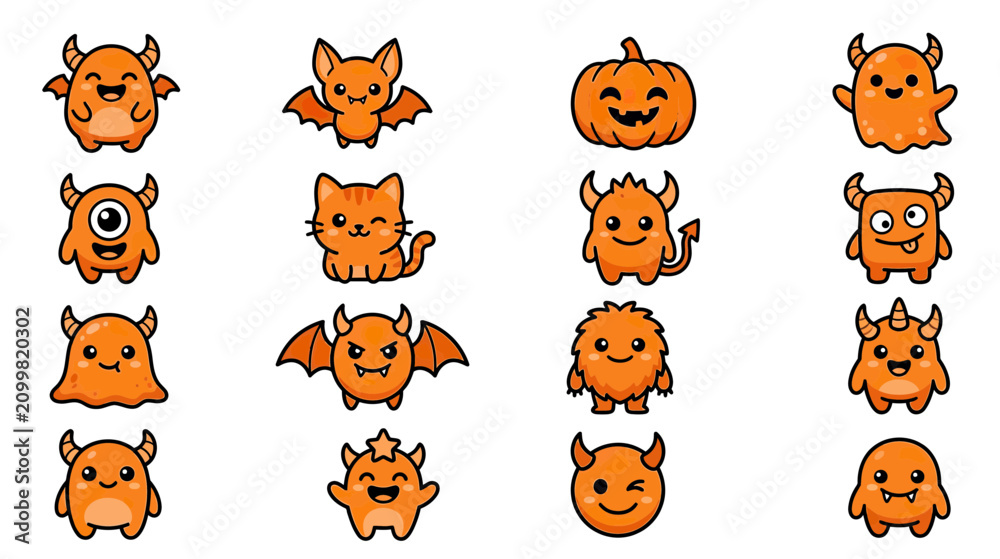 Fototapeta premium Cute Orange Monsters and Bat Characters Collection