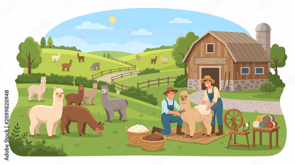 Naklejka premium Farmers shearing alpacas on a sunny farm with a barn, rolling green hills, and many alpacas grazing in the fields, illustrating wool production.