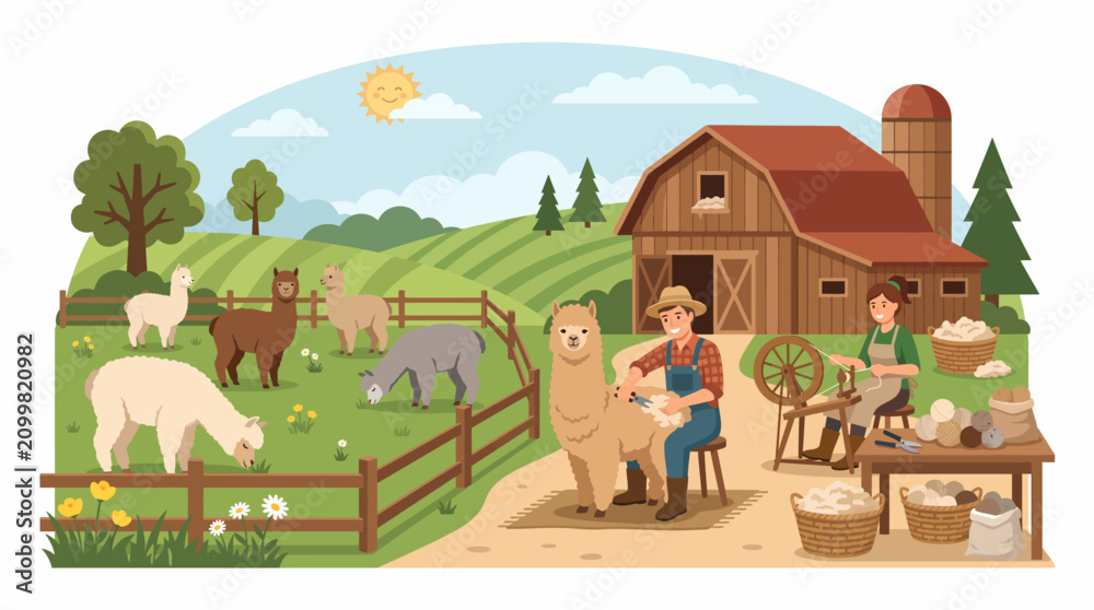 Naklejka premium A vibrant illustration of an alpaca farm with farmers shearing and spinning wool, set against a backdrop of green fields and a rustic barn under a sunny sky.