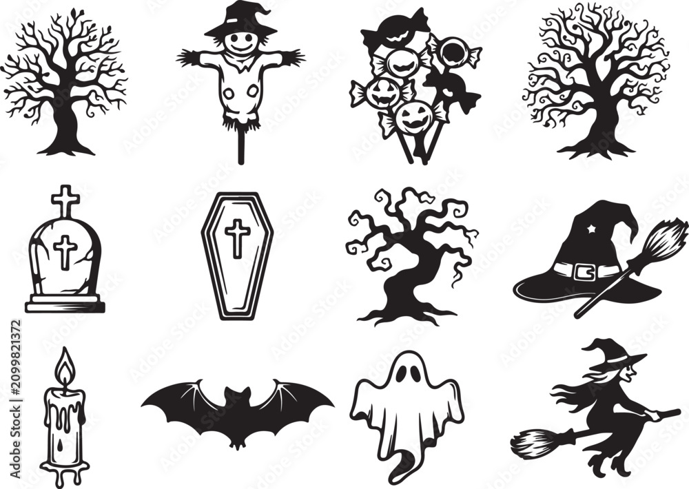 Fototapeta premium Vector art of collection of halloween icons including a tree, scarecrow, candy, tombstone, coffin, and ghost