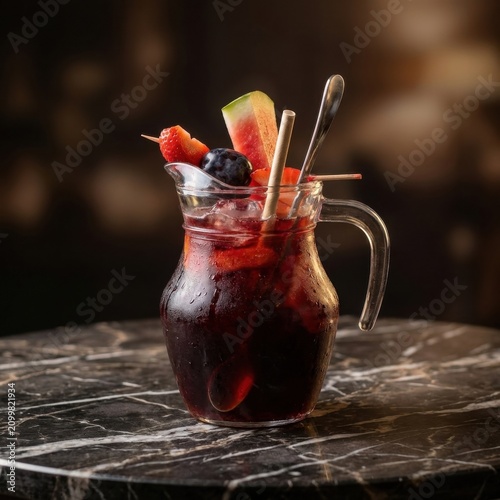 Kalte Sangria mit Erdbeeren, Beeren und Wassermelone im Glaskrug