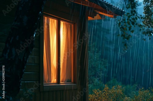 Warm glowing window during gentle rainfall creating a cozy atmosphere, perfect for home, comfort, weather, relaxation, evening and lifestyle themes.