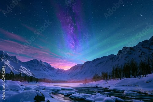 Brilliant northern lights illuminating snowy mountains beneath a clear night sky, perfect for travel, winter landscapes, astronomy and adventure themes.