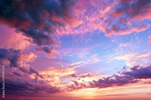 Vibrant sunset sky filled with colorful pink and purple clouds, creating a stunning natural background for travel, weather and inspirational designs.