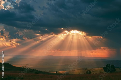 Dramatic sun rays breaking through dark storm clouds, creating a powerful sky scene perfect for weather, hope, inspiration and nature backgrounds.