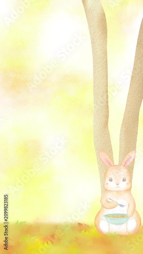 紅葉の絨毯に座ってスープを食べるうさぎの縦型ループアニメーション。コピースペース付きの秋らしい水彩フレーム。