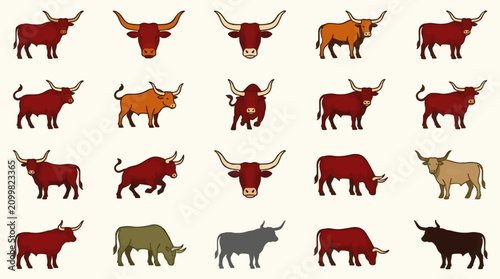 Flat Vector Illustration Set of Texas Longhorn Bulls and Cows in Various Poses and Colors on White Background, Graphic Icons Collection