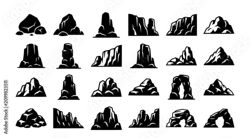 Black silhouettes of various rocky mountain ranges and cliffs