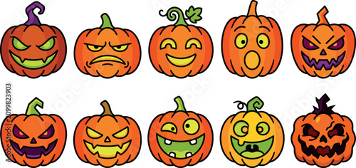 Tableau sur toile Halloween Classic Orange Pumpkin Jack O Lantern Face Icon Set Featuring Cartoon