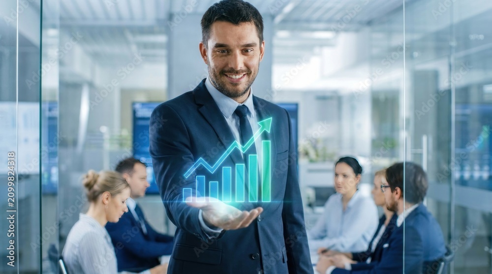 Fototapeta premium Professional corporate businessman presenting glowing digital growth chart on hand