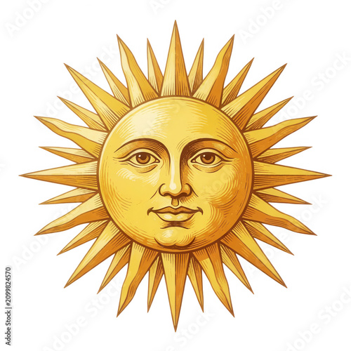 Golden Sun Face with Rays Transparent Background