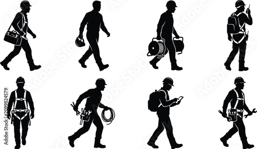 Set of silhouettes of utility workers walking with tools and equipment