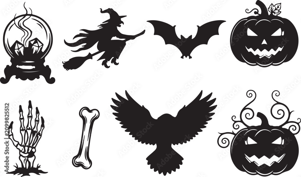 Fototapeta premium Vector art of collection of spooky halloween icons including a witch, crystal ball, bat, and carved pumpkin