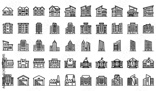 Fotografía Building Line Icon Vector Set Urban Architecture Skyscraper and Multistorey Hous