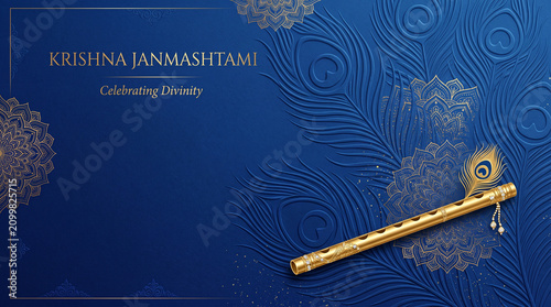 Elegant blue background for Krishna Janmashtami with golden flute and peacock feather design