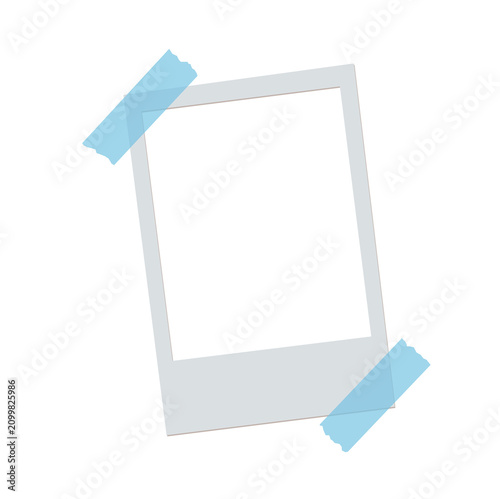 Instant camera photo frame with blue tape on transparent background picture polaroid instantaneous adhesive strip. Blank Polaroid photo frame