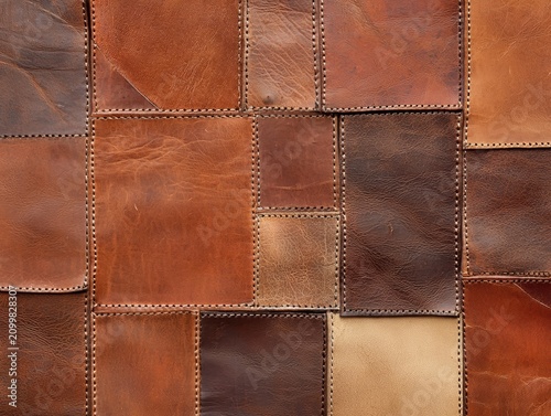 close-up view of a stitched patchwork leather surface showcasing various shades of brown and texture variations.