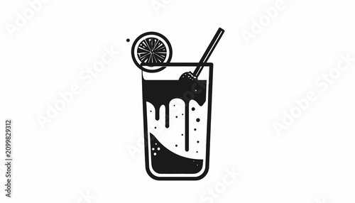 Canvas Print Black cocktail with lemon and straw.
