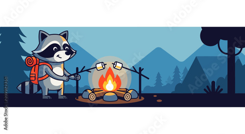 Cute Raccoon Roasting Marshmallows Over Campfire - Cartoon Illustration