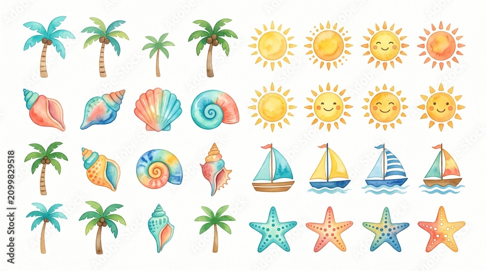 Fototapeta premium Colorful Tropical Beach Illustration Set with Icons